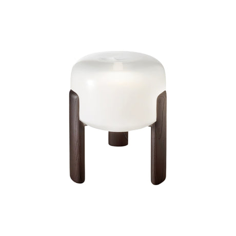 Frosted glass table lamp seen three quarters on against a pale ground