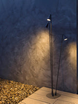 The cluster lit at a gravel edge beside a pale paved walk at night