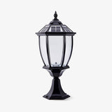 Six sided lantern with a domed roof and a finial on a pedestal base