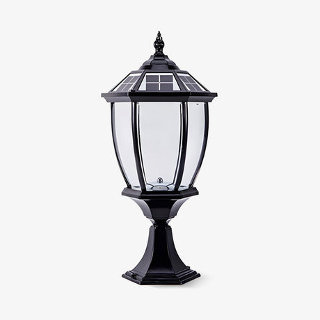 Six sided lantern with a domed roof and a finial on a pedestal base