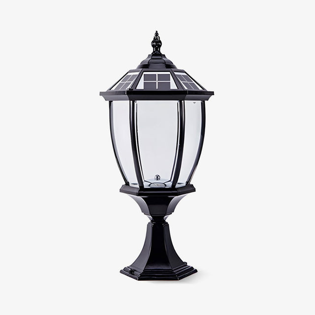Six sided lantern with a domed roof and a finial on a pedestal base