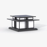 Two tier post cap with a flared roof over a square frame and pale panels