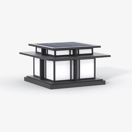 Two tier post cap with a flared roof over a square frame and pale panels