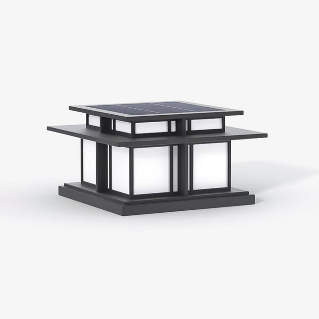 Two tier post cap with a flared roof over a square frame and pale panels