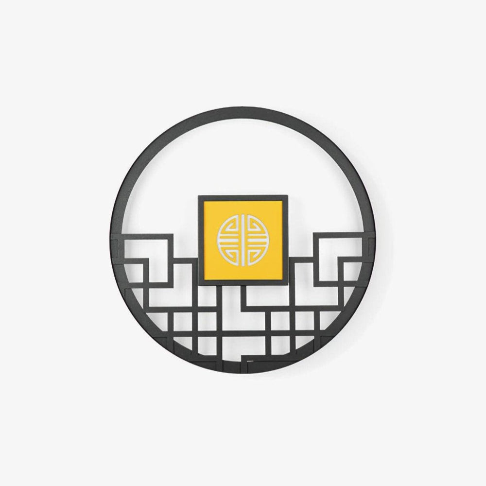 Large round outdoor wall light, a black lattice ring around a glowing square center panel