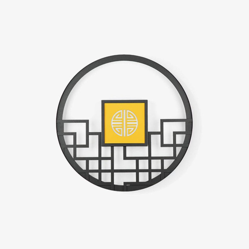 Large round outdoor wall light, a black lattice ring around a glowing square center panel