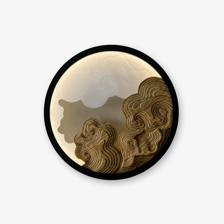 Geometric wall sconce, layered wood relief across a lit disc in a dark ring