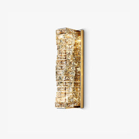 Tall gold wall light faced with stacked rows of cut crystal blocks