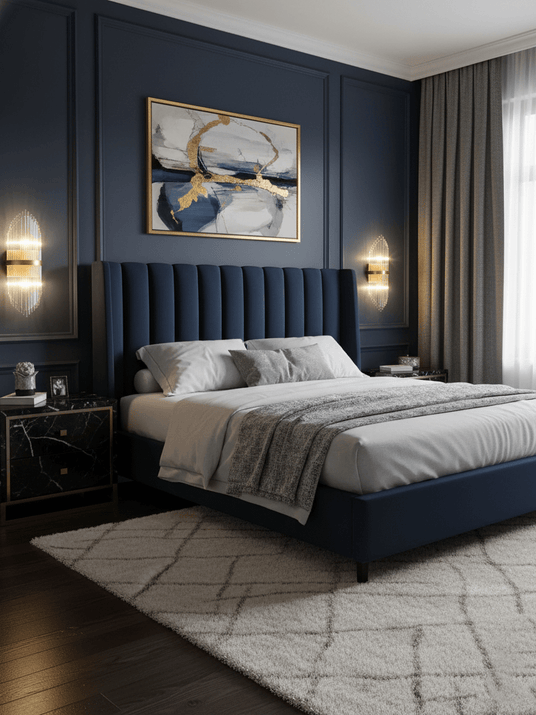 A pair of rod sconces lit on each side of a navy upholstered bed