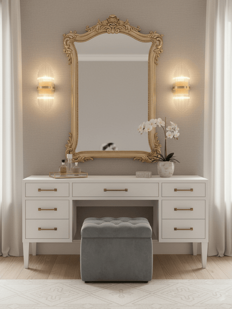 Two rod sconces on each side of a gilt mirror above a white dressing table