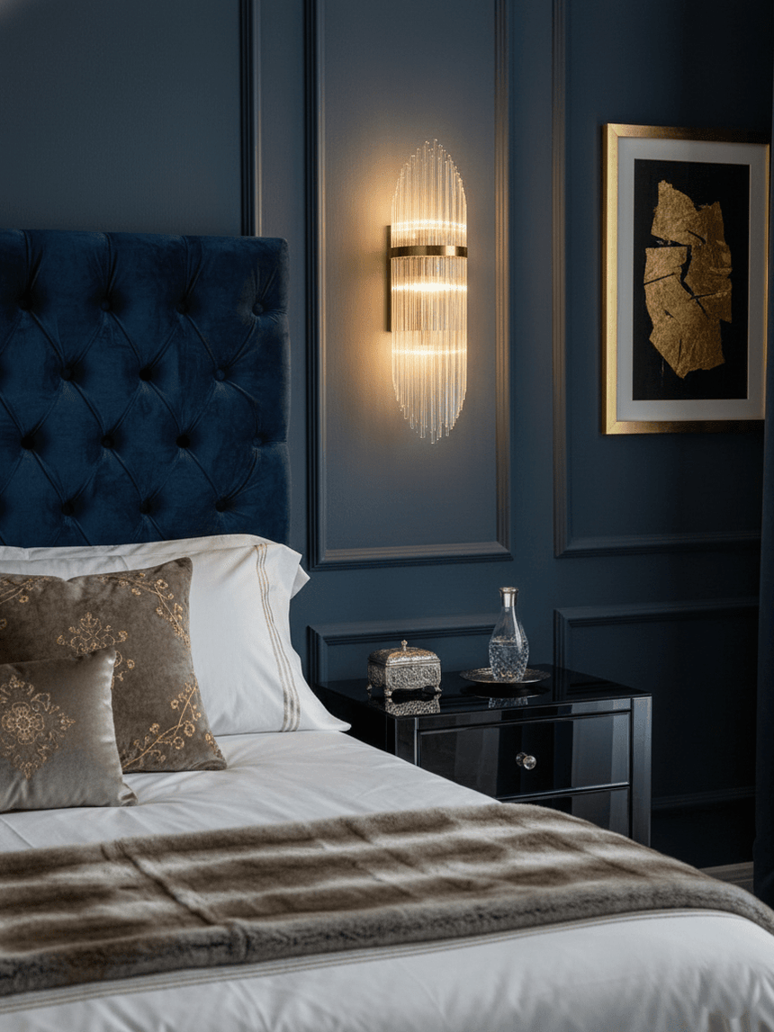 The sconce lit beside a navy tufted headboard and a framed gold artwork