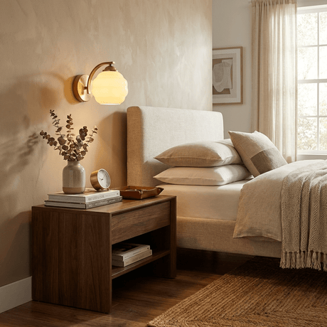 The sconce lit above a wood nightstand beside a bed with cream linens