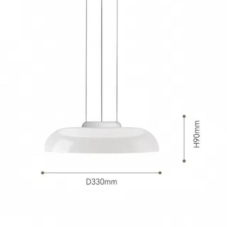 Dimension card for the 33 by 9 cm disc shape of the glass pendant light
