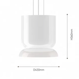 Dimension card for the 43 by 36 cm shape of the glass pendant light