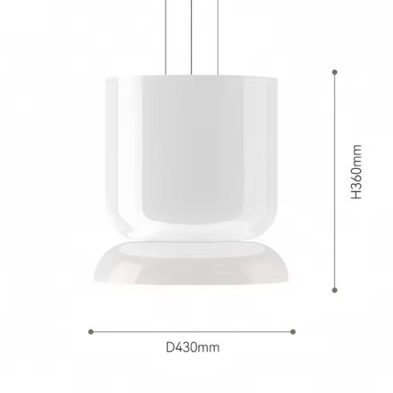 Dimension card for the 43 by 36 cm shape of the glass pendant light