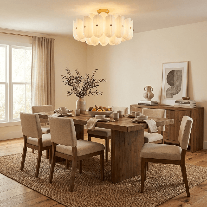 Fluted glass semi flush light over a long dining table with upholstered chairs