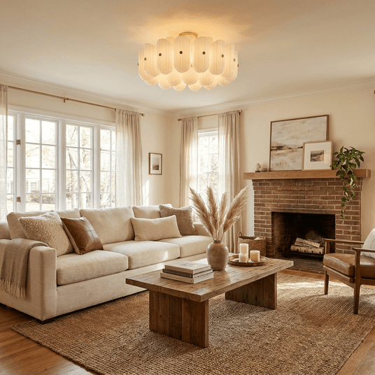 Fluted glass semi flush light in a living room with a sofa and a brick fireplace