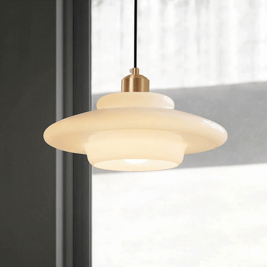Ivory Glass Pendant Light with Brass Accents
