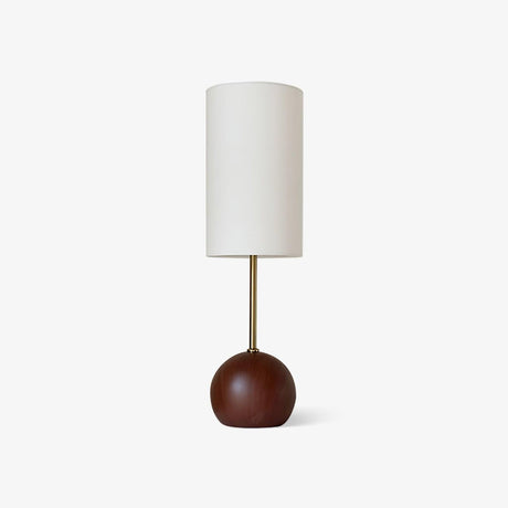 Globe table lamp with a walnut sphere base and a tall white shade, plain background