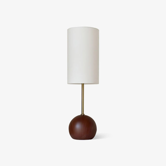 Globe table lamp with a walnut sphere base and a tall white shade, plain background