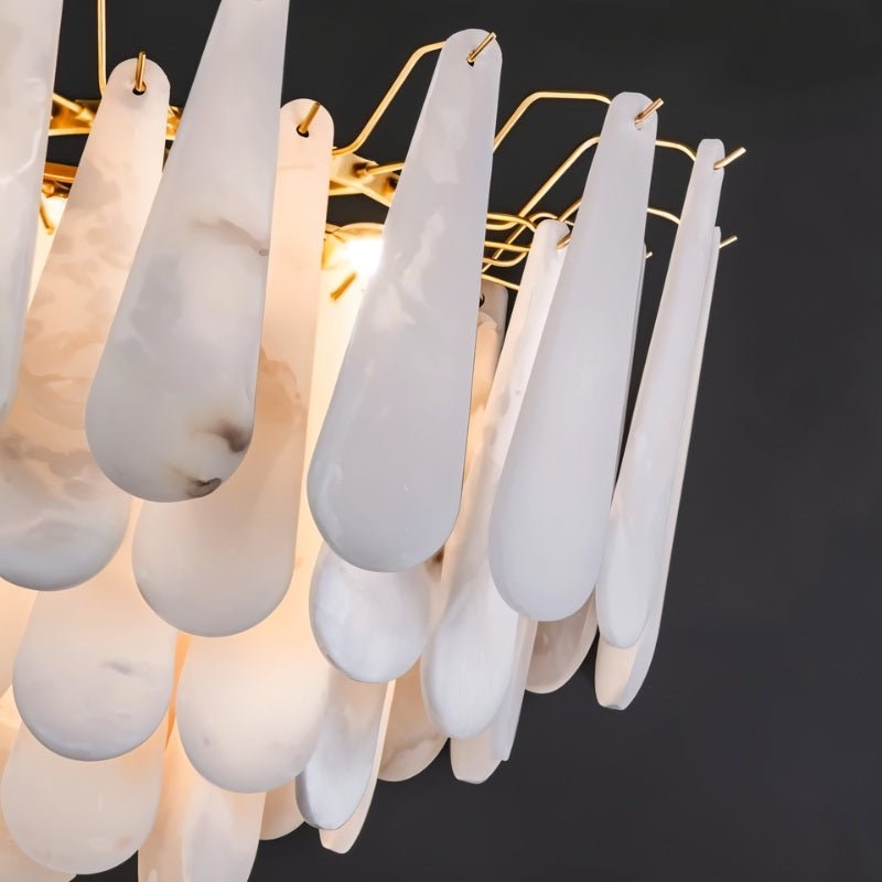 Rows of alabaster petals overlapping, warm light passing between them