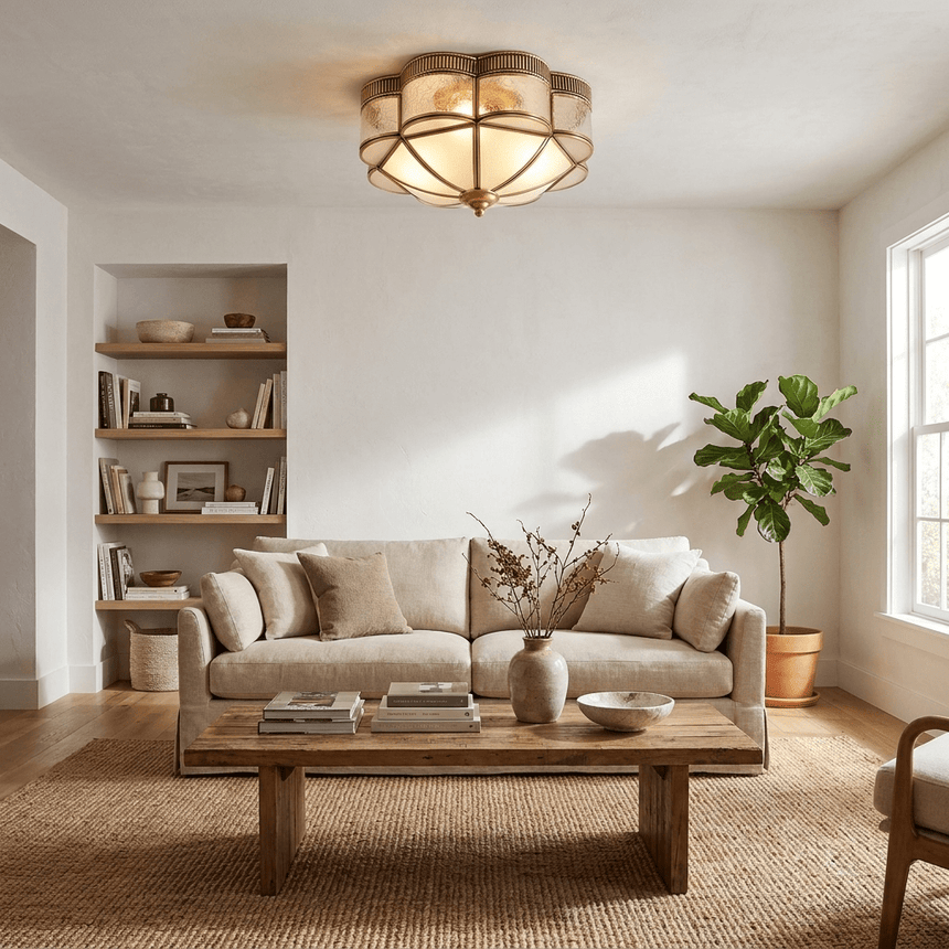 Scalloped brass ceiling light above a living room with a wood coffee table
