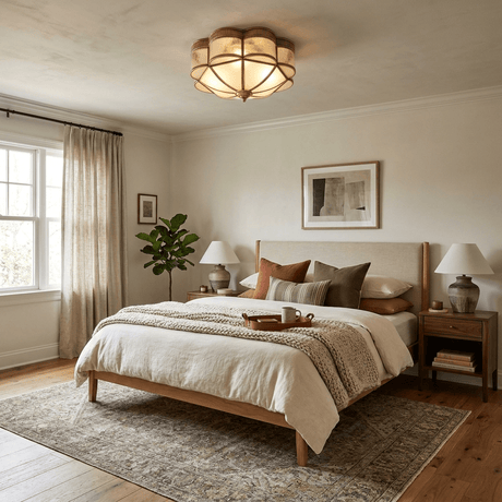 Scalloped brass ceiling light above a bed with linen covers