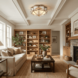 Scalloped brass ceiling light under a coffered ceiling in a living room