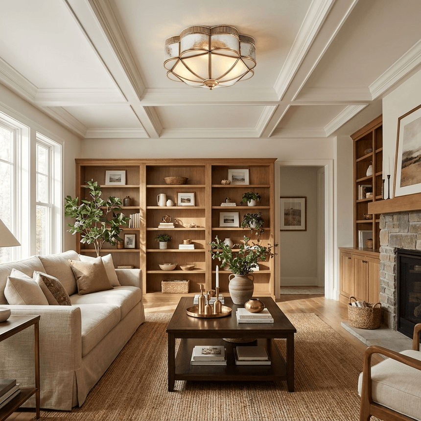 Scalloped brass ceiling light under a coffered ceiling in a living room