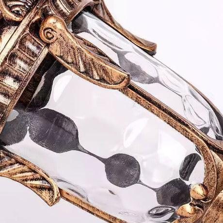 Close view of the water glass shade and the carved rim