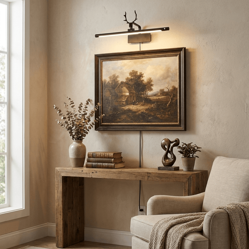 Gold bar lit above a framed landscape over a console with dried stems and books