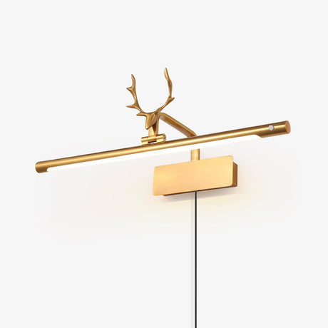 Gold bar with a cast stag head, the cord dropping from the plate down the wall