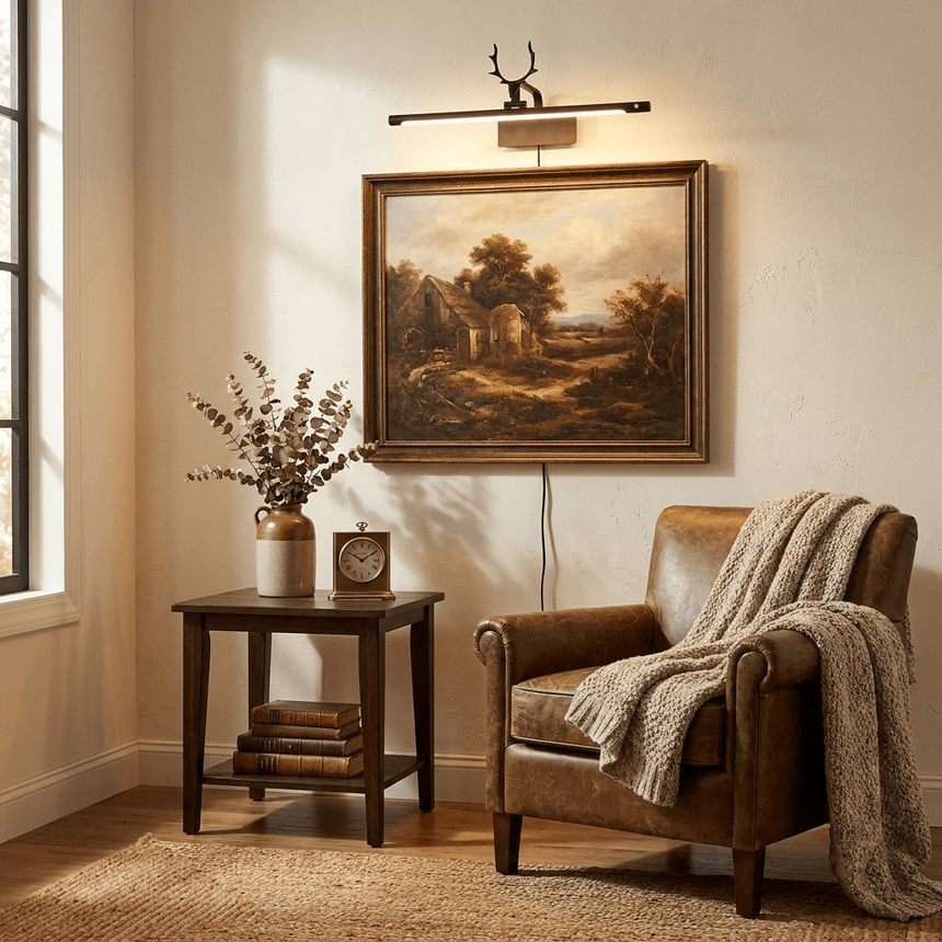 Gold bar lit above a framed landscape over a side table beside a leather armchair