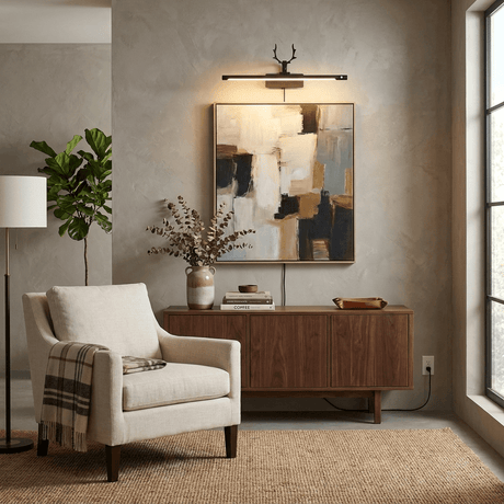 Bar lit above framed art on a wall behind an armchair and a wood sideboard