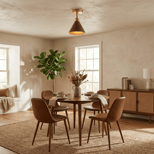 Cone ceiling light lit above a round dining table with a plant and wood chairs