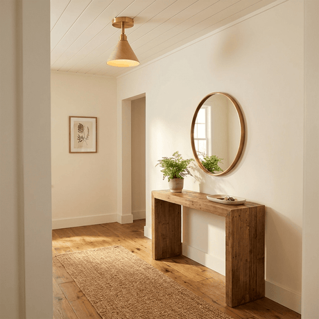 Cone ceiling light in a hallway above a wood console with a round mirror