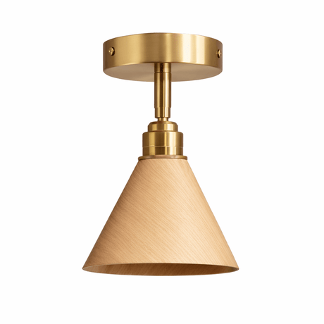 Light wood cone ceiling light seen at an angle with its brushed brass canopy