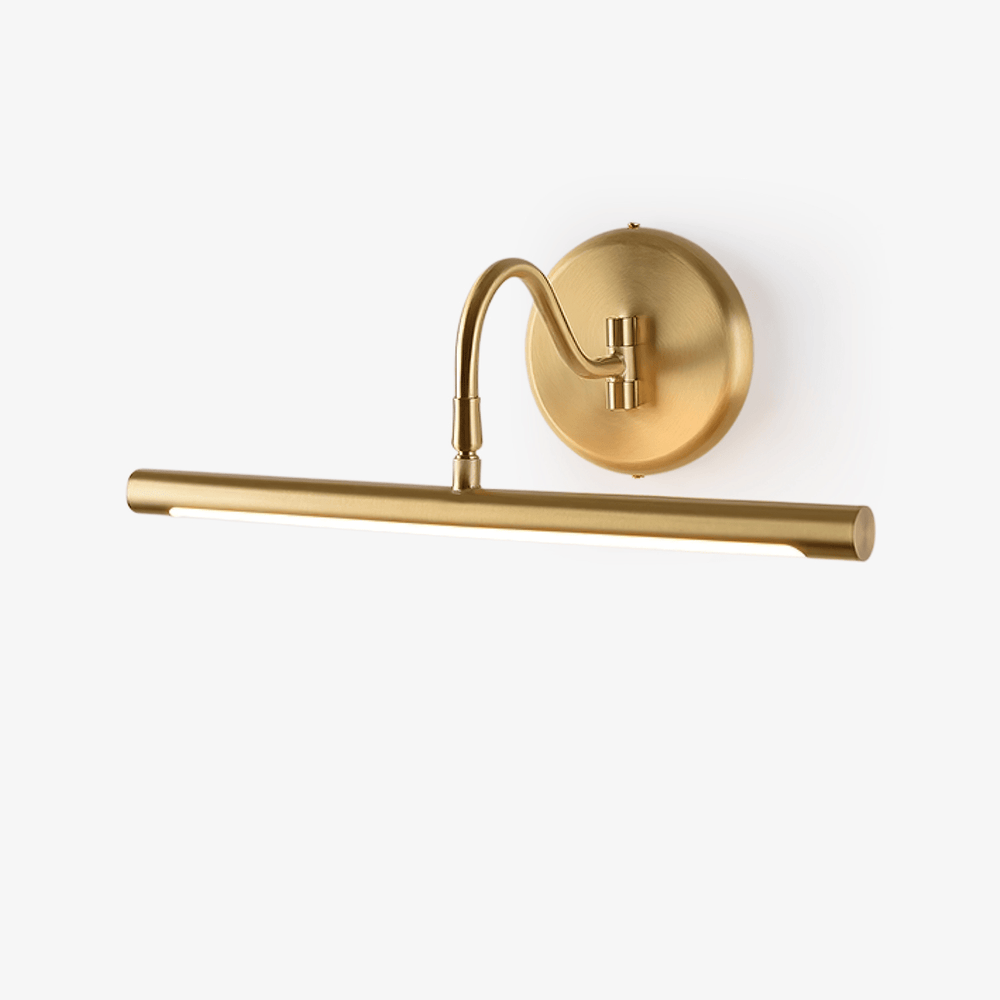 Gold vanity light, a slim bar hung from one curved arm on a round wall plate