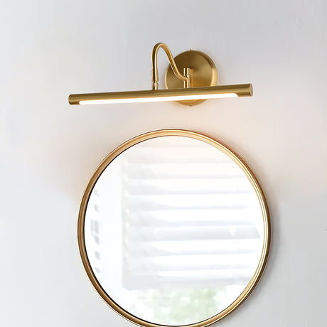 Gold bar mounted above a round gold framed mirror on a white wall