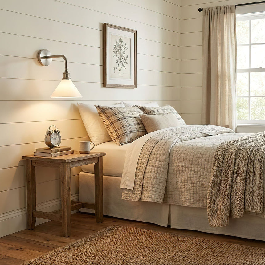 The sconce lit above a nightstand beside a bed with plaid pillows