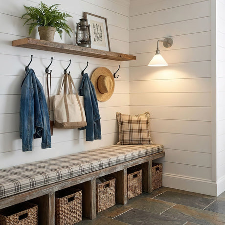 The sconce lit on a shiplap wall above an entry bench with hooks and baskets