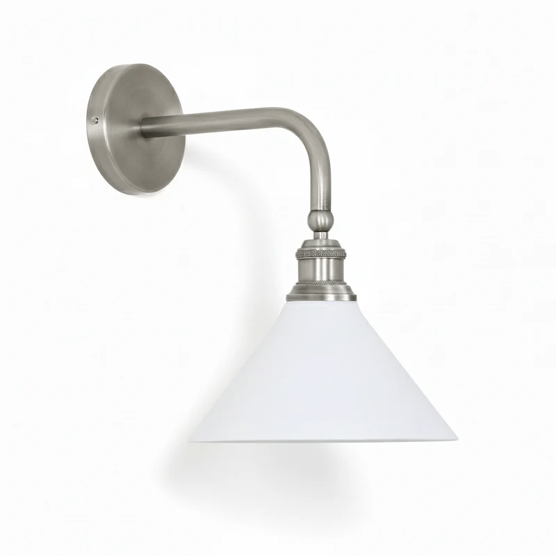 The nickel finish with the white cone shade on a pale background