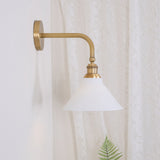 Close view of the long gooseneck arm and the brass socket above the cone