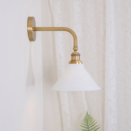 Close view of the long gooseneck arm and the brass socket above the cone