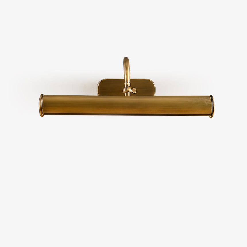 Gooseneck wall sconce in copper, a hooded tube on one arched arm