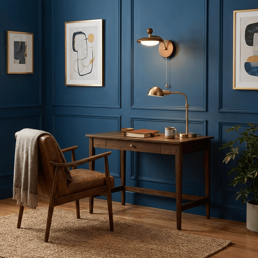 Sconce lit on a deep blue wall beside a desk, a chair and framed prints