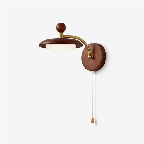 Gooseneck wall sconce, a saucer shade on a curved arm and a walnut plate