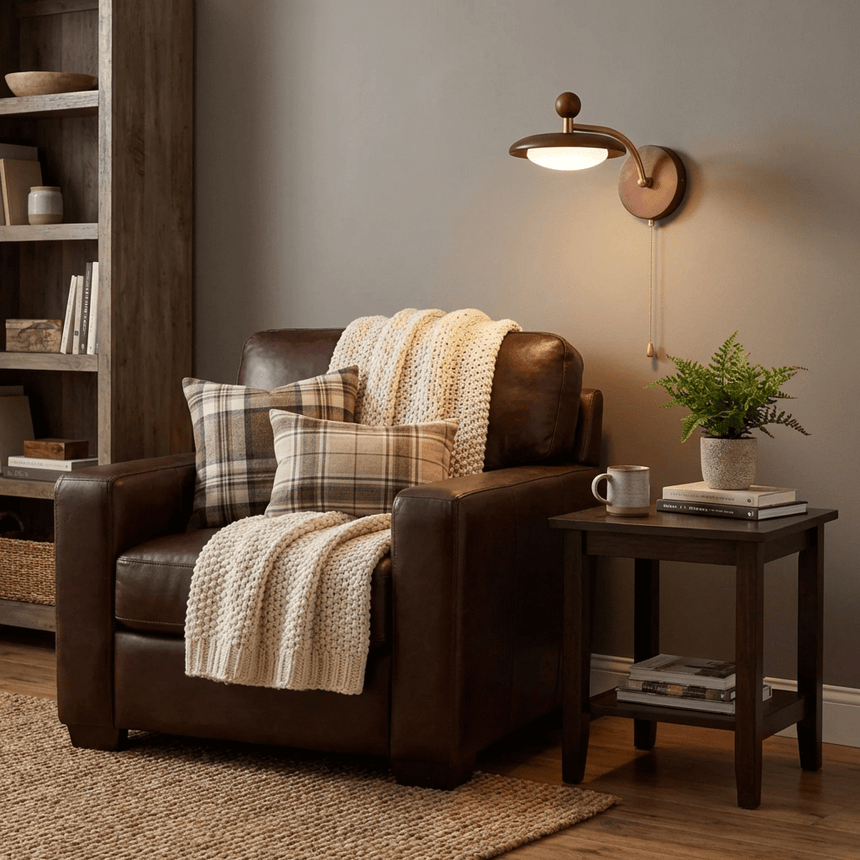 Sconce lit beside a leather armchair with a plaid throw and a plant