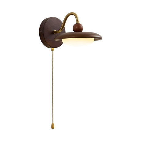 The curved gooseneck arm in profile carrying the saucer shade and pull chain