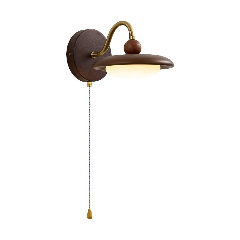 The curved gooseneck arm in profile carrying the saucer shade and pull chain